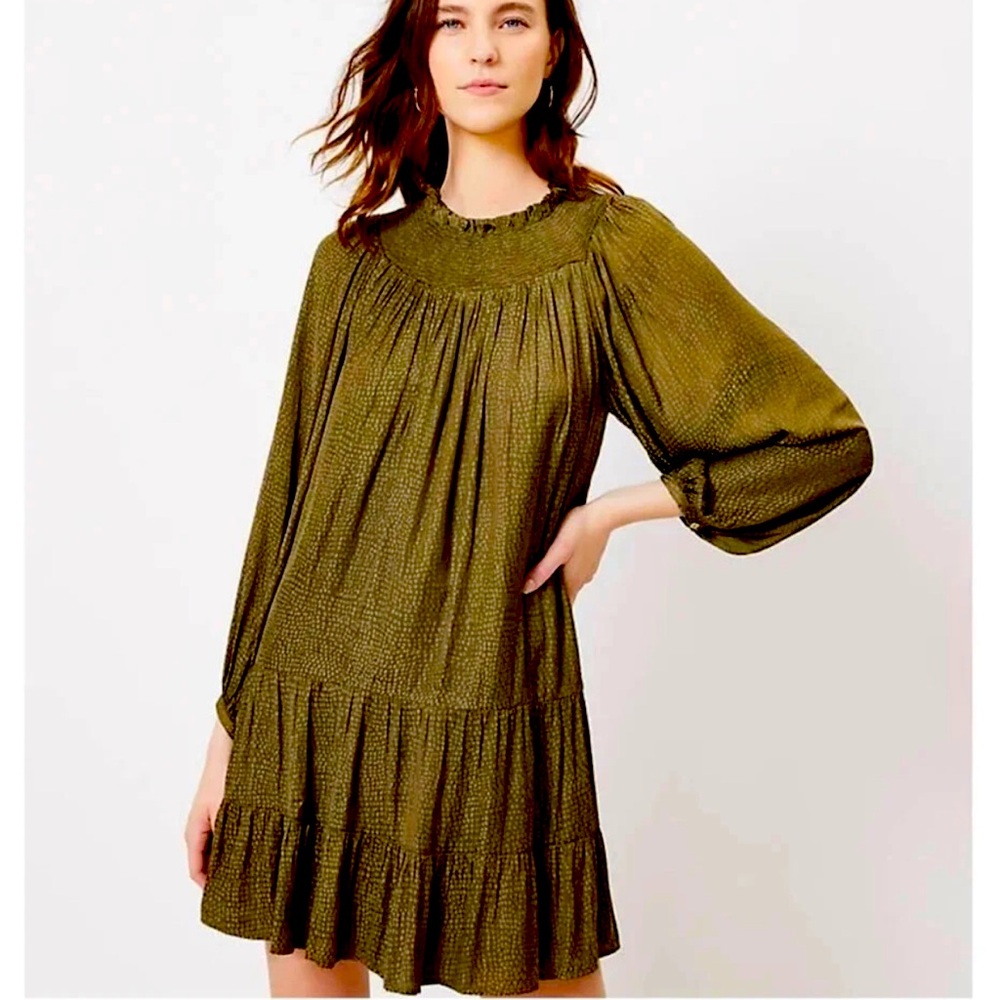 LOFT Fresh Ivy Green Smocked Yoke Swing Dress Women Size XL Long Sleeve Olive